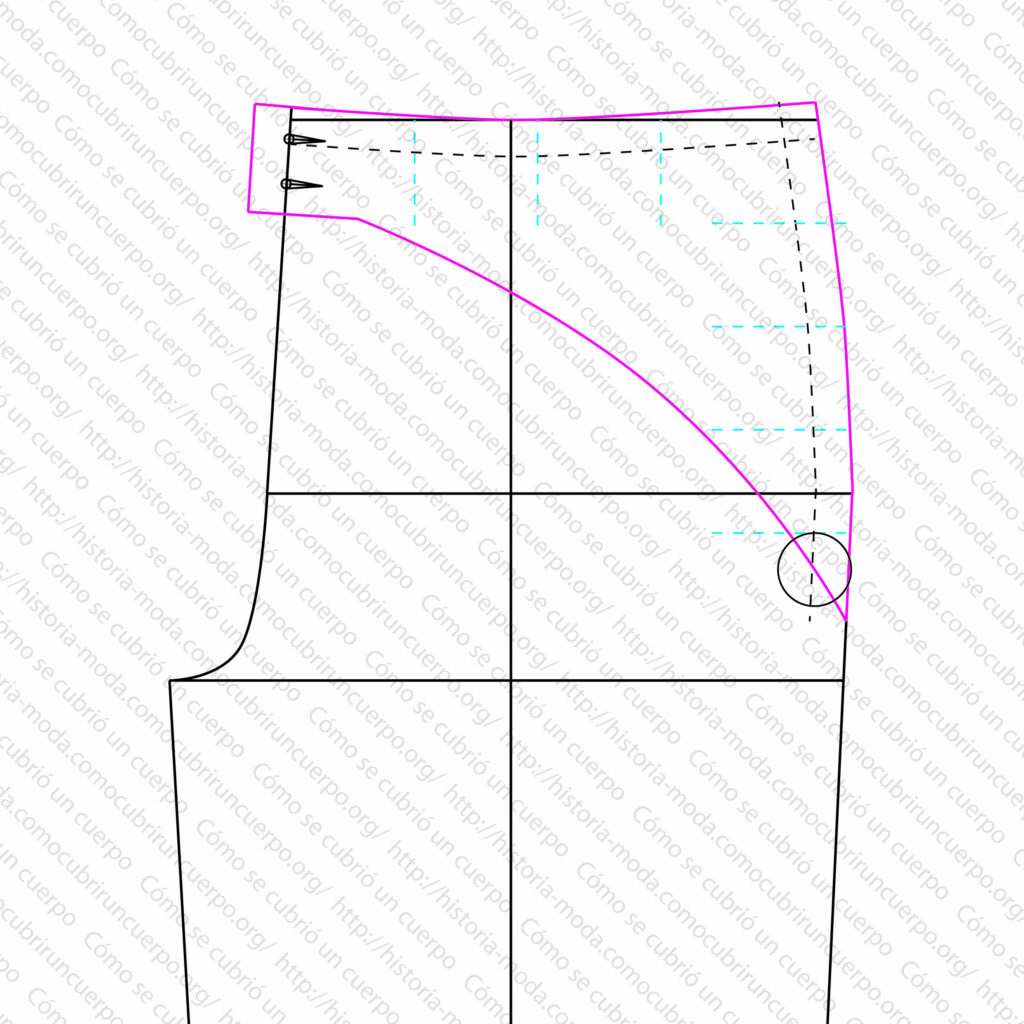 Diagrama técnico del delantero del pantalón con gran puente con botones y ojales marcados