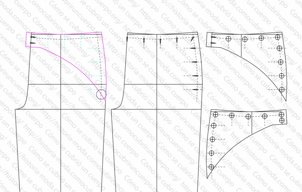 Despiece técnico del delantero y del debajo-puente del pantalón con gran puente