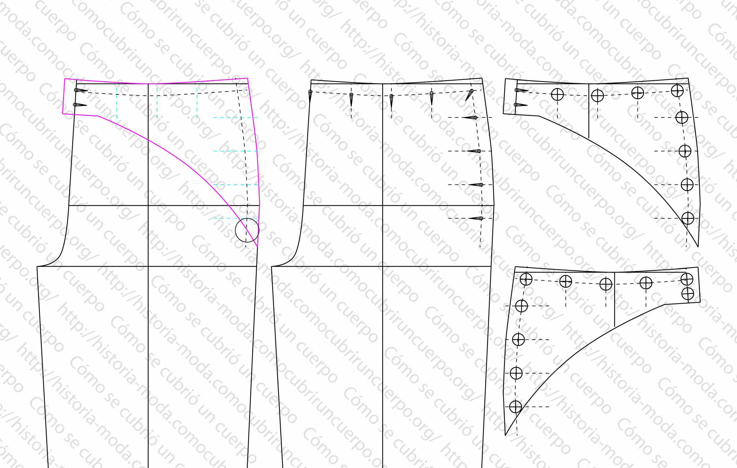 Despiece técnico del delantero y del debajo-puente del pantalón con gran puente