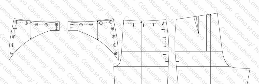 Despiece final de las piezas del pantalón con gran puente con rectos hilos y piquetes marcados