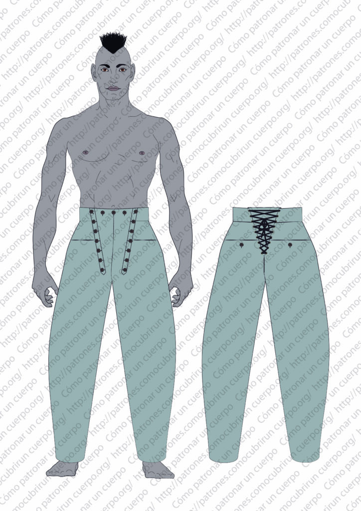 Vista frontal y trasera del pantalón tipo húsar con pequeño puente y fuelle posterior, con cordones en la espalda y botones delanteros visibles