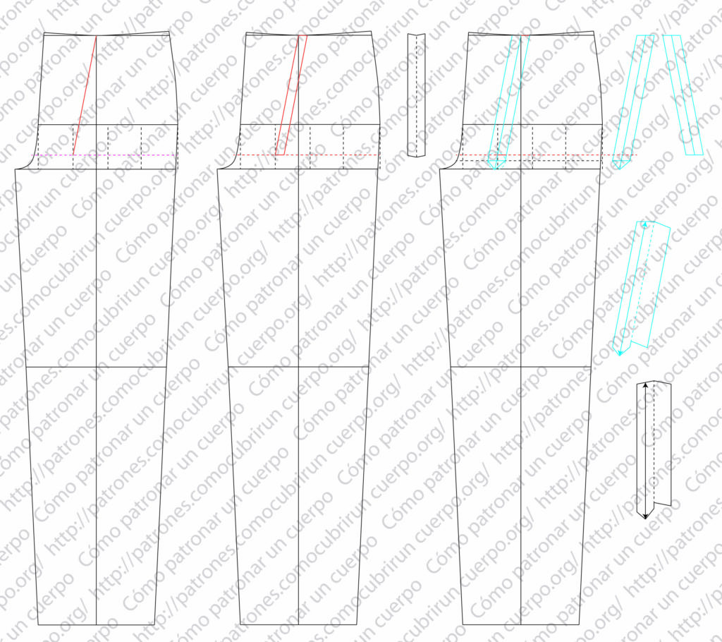 Diagrama técnico del pantalón tipo húsar con pequeño puente mostrando el corte del levadizo y las líneas de referencia en rojo y azul