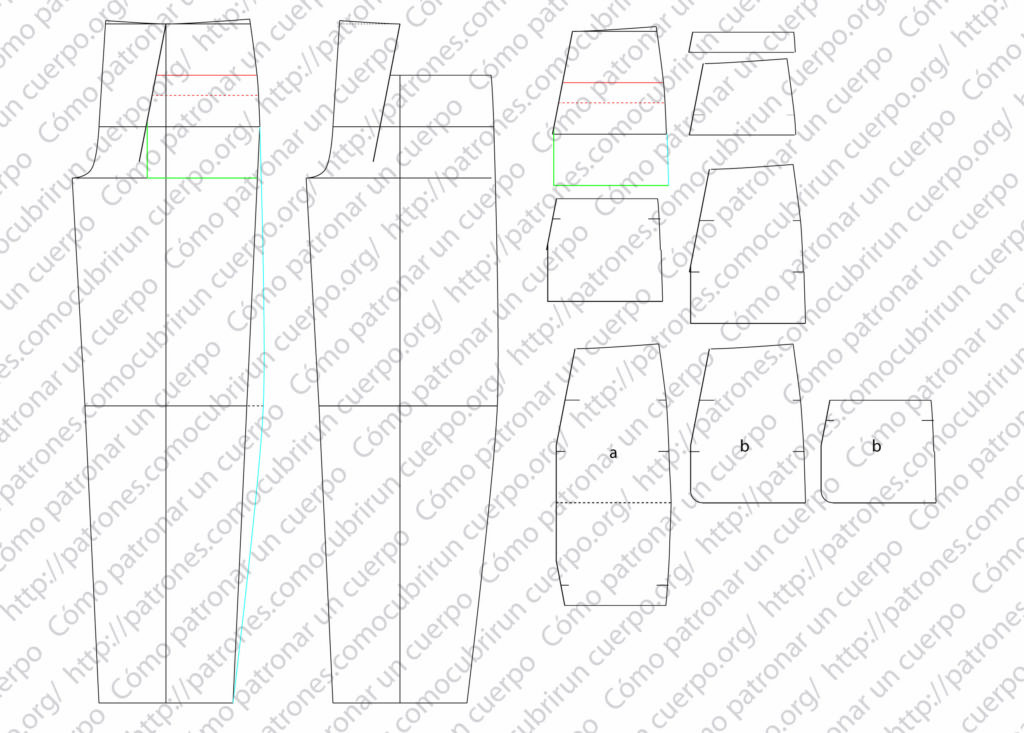 Esquema técnico del pantalón tipo húsar con pequeño puente mostrando el trazado del fondo de bolsillo, la vista y el despiece completo de las piezas