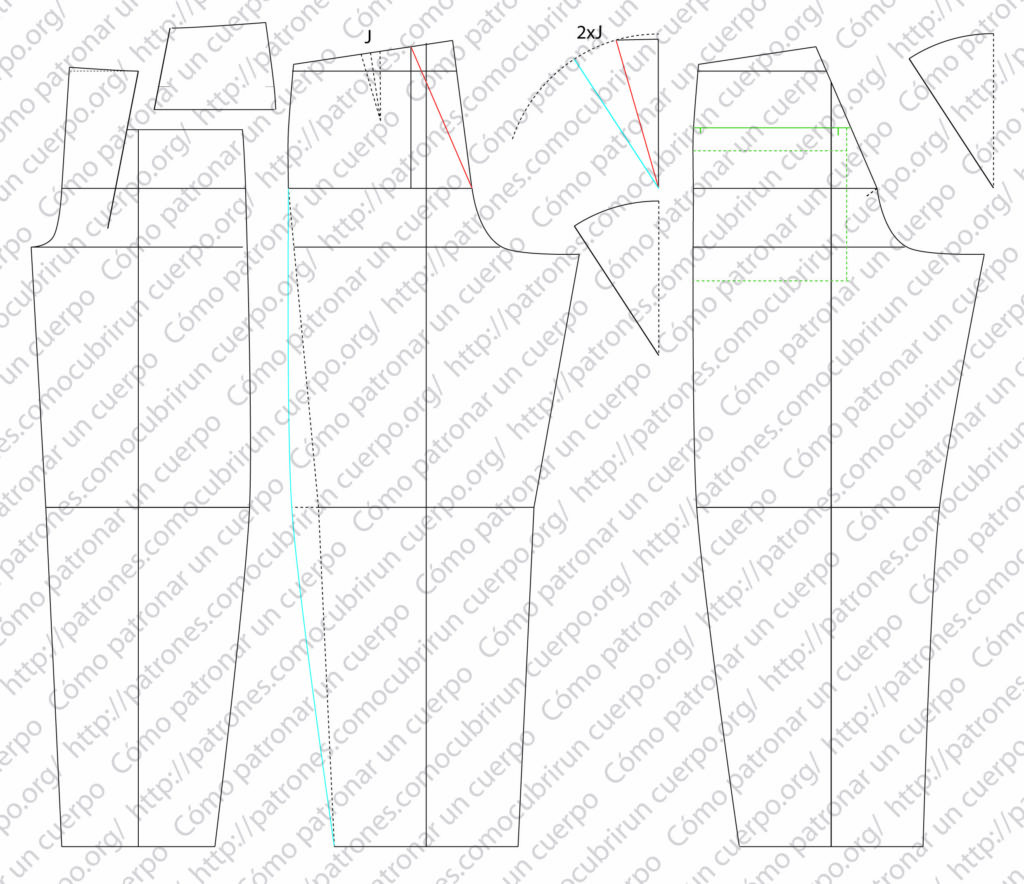 Patrón técnico de la hoja trasera del pantalón tipo húsar con pequeño puente y fuelle posterior, mostrando la pieza en V y la costura al pliegue