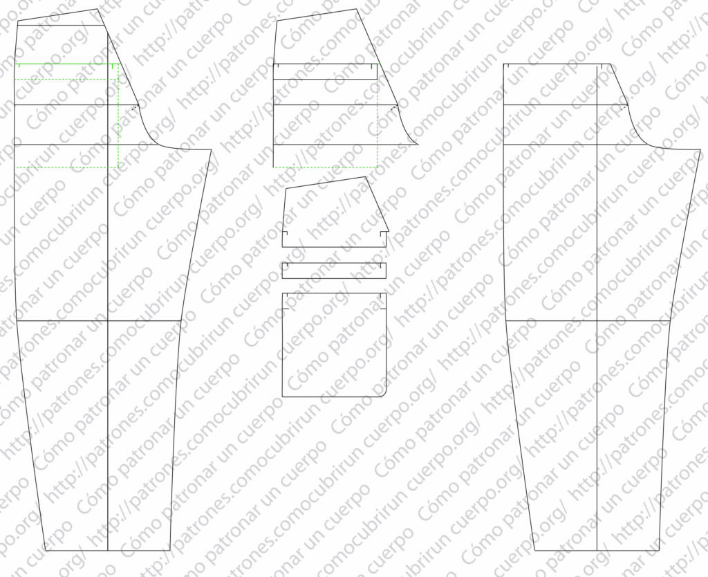 Patrón técnico del pantalón tipo húsar con pequeño puente mostrando el trazado y despiece de los bolsillos traseros y la línea de pulido