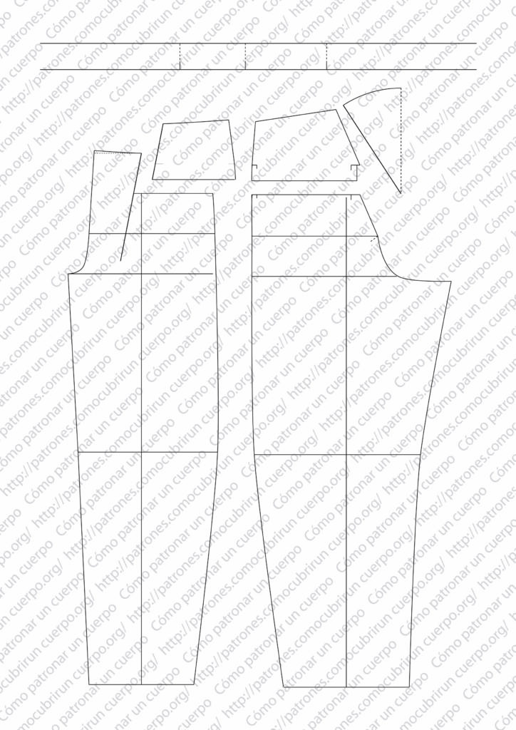 Patrón técnico del pantalón tipo húsar con pequeño puente mostrando la construcción de la cinturilla y el debajo-puente con las piezas correspondientes