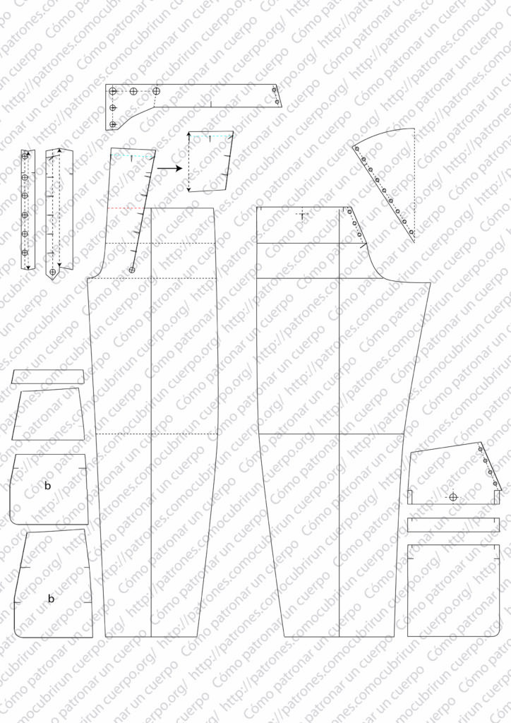Patrón técnico del pantalón tipo húsar con pequeño puente mostrando el pulido del levadizo, la colocación de ojales, botones y ojetes del fuelle posterior