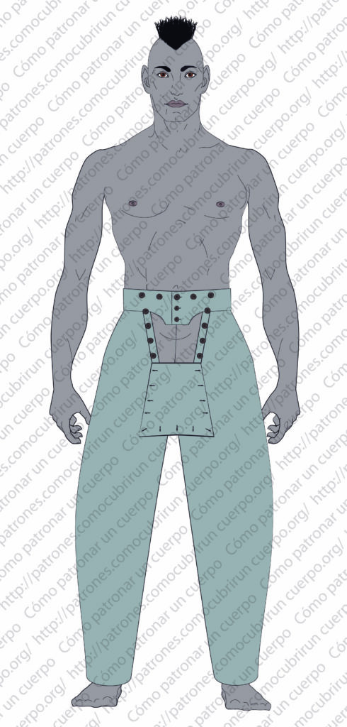 Vista frontal del pantalón tipo húsar con pequeño puente mostrando el levadizo con cuatro botones desabrochados y tres abrochados