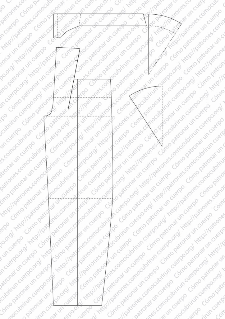 Patrón técnico del pantalón tipo húsar mostrando la prolongación de las líneas del fuelle y del levadizo, el trazado del debajo-puente y el cruce para los botones