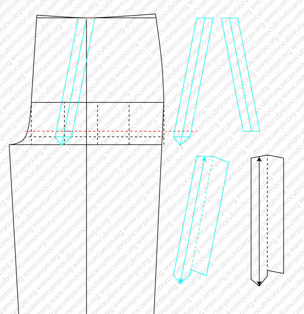 Diagrama técnico del diseño de la caperuza o capucha del pantalón con pequeño puente