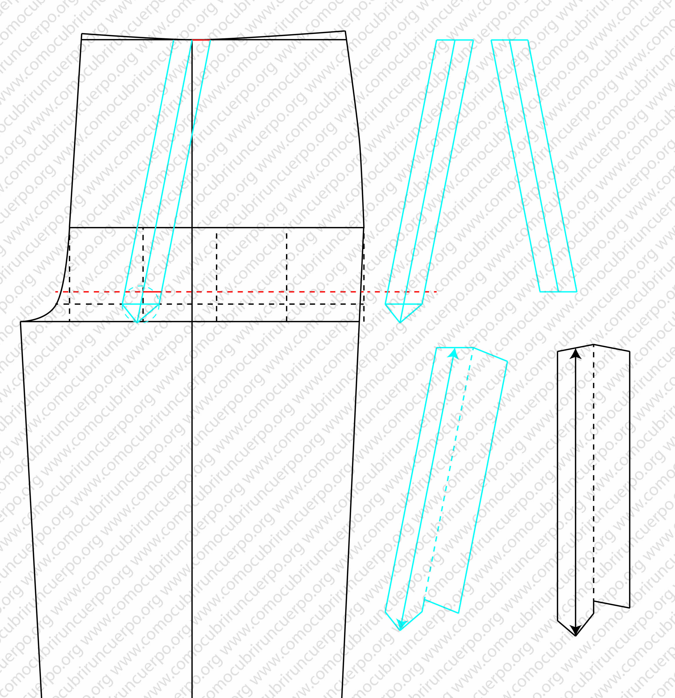 Diagrama técnico del diseño de la caperuza o capucha del pantalón con pequeño puente