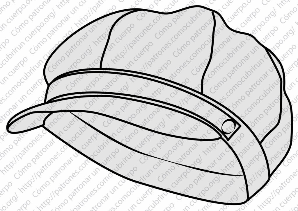 Ilustración de una gorra Gatsby proporcional terminada, con seis piezas en la corona, tirilla y visera abombachada