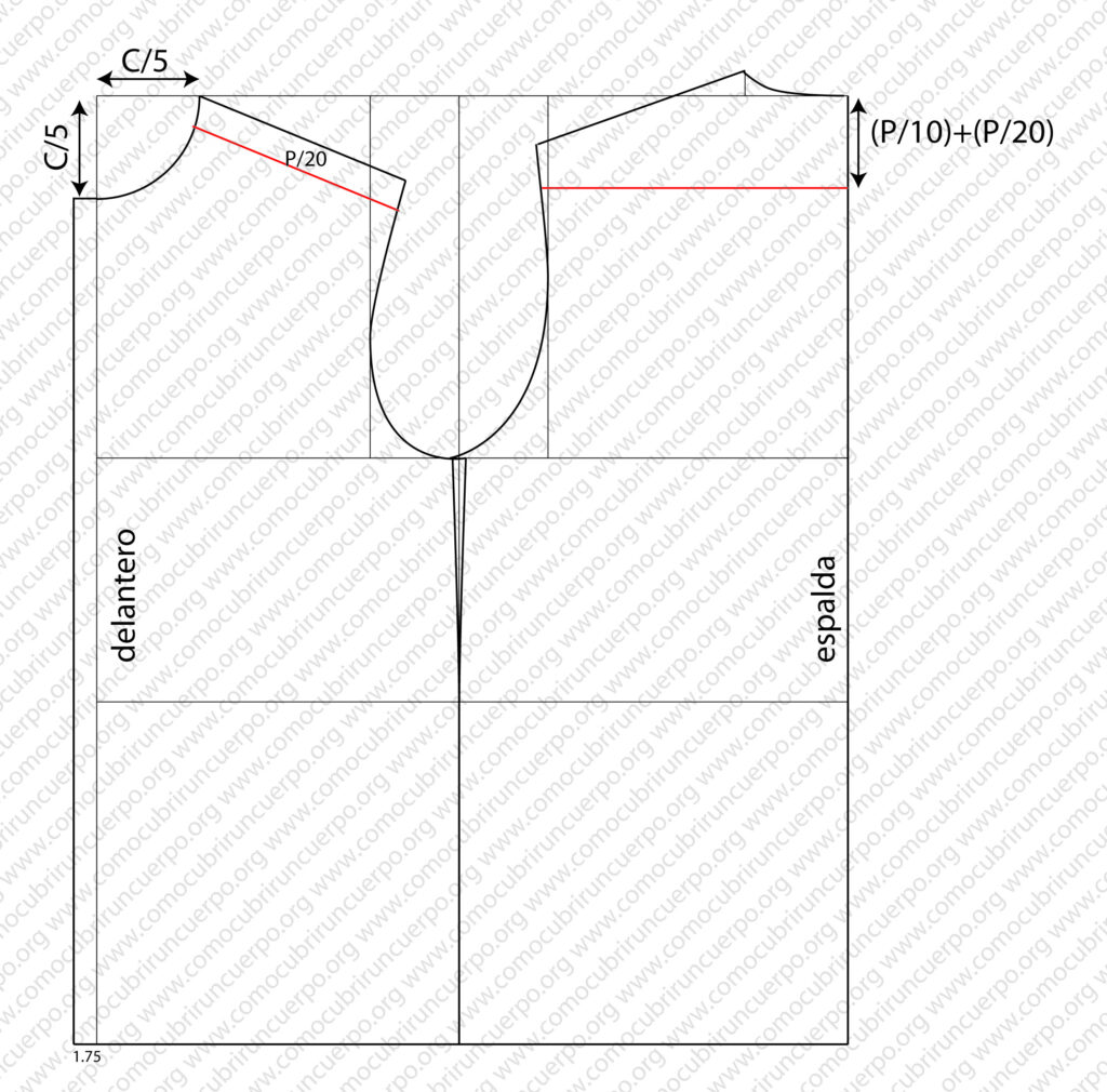 Trazado del corte del canesú en el patrón base de la camisa con proporciones de pecho P/10 y P/20