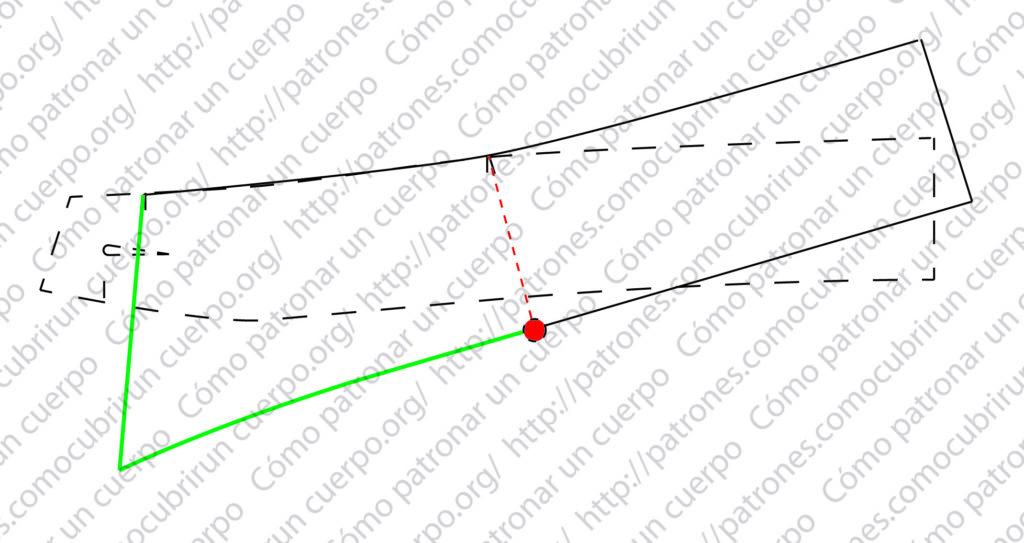 Diagrama técnico del patrón de cuello de camisa con punto de transformación en rojo y zonas de modificación en verde