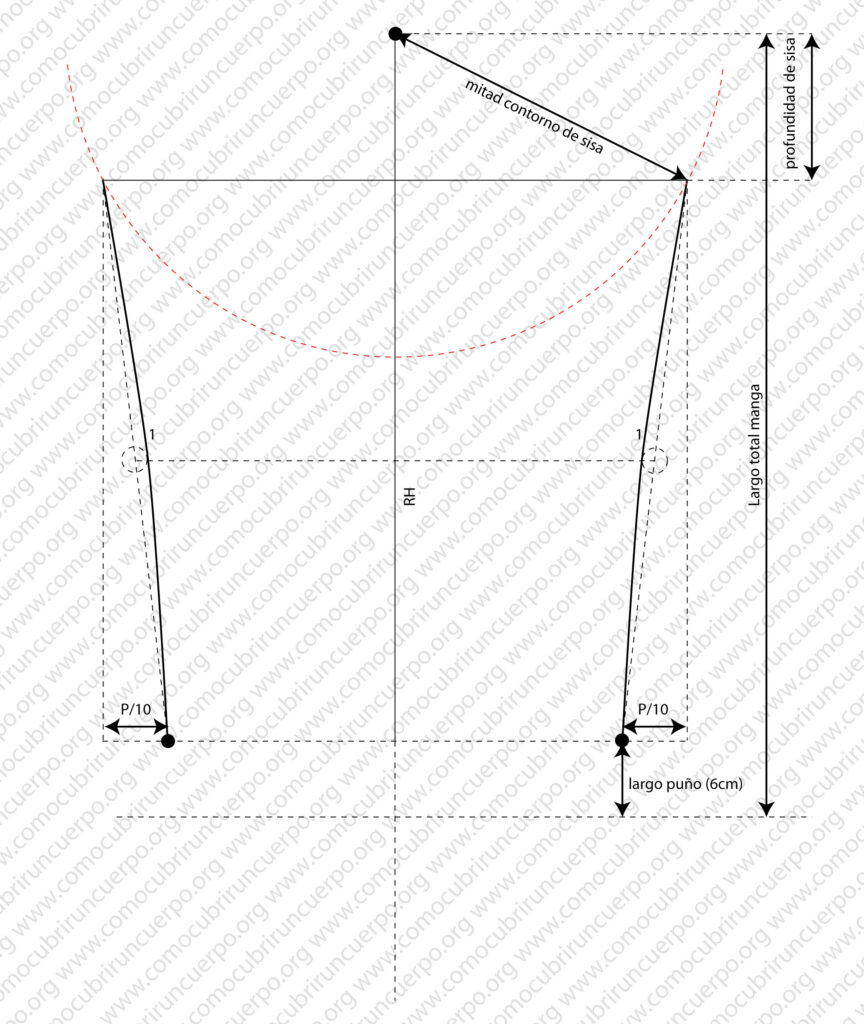Trazado de las costuras laterales de la manga base con reducción de P/10 y forma curva intermedia