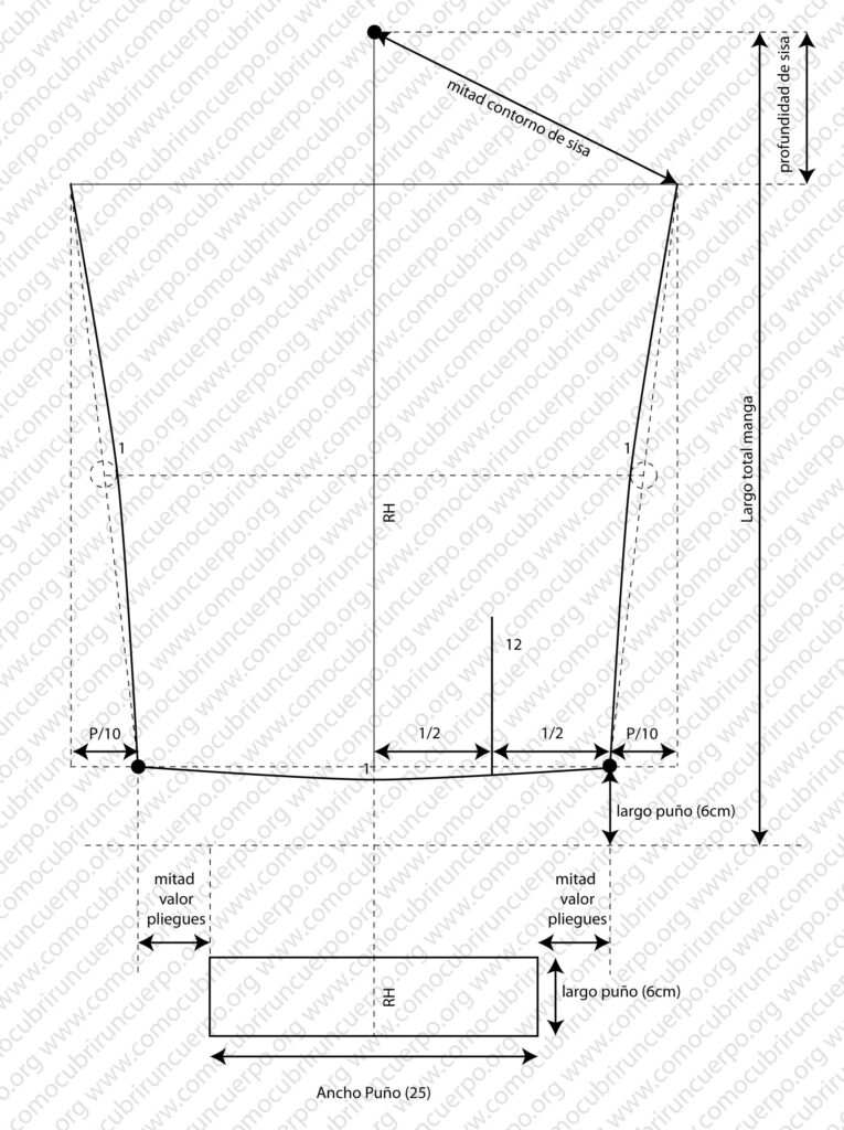 Esquema del puño y los pliegues del bajo de la manga base de camisa con hendidura para la pata capuchina