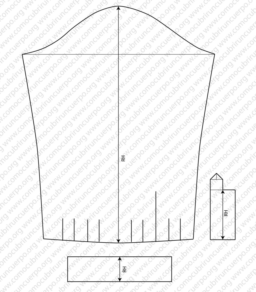 Despiece completo de la manga base de camisa con sus piezas complementarias: puño y pata capuchina