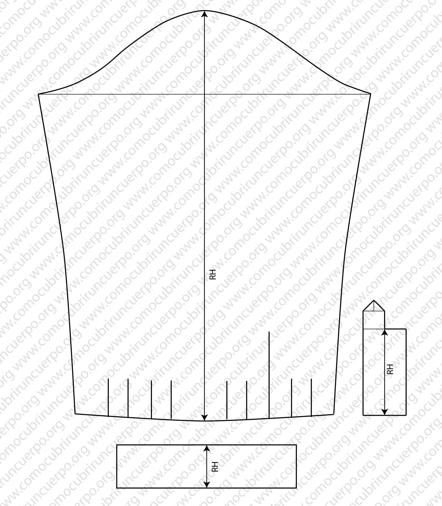 Despiece completo de la manga base de camisa con sus piezas complementarias: puño y pata capuchina