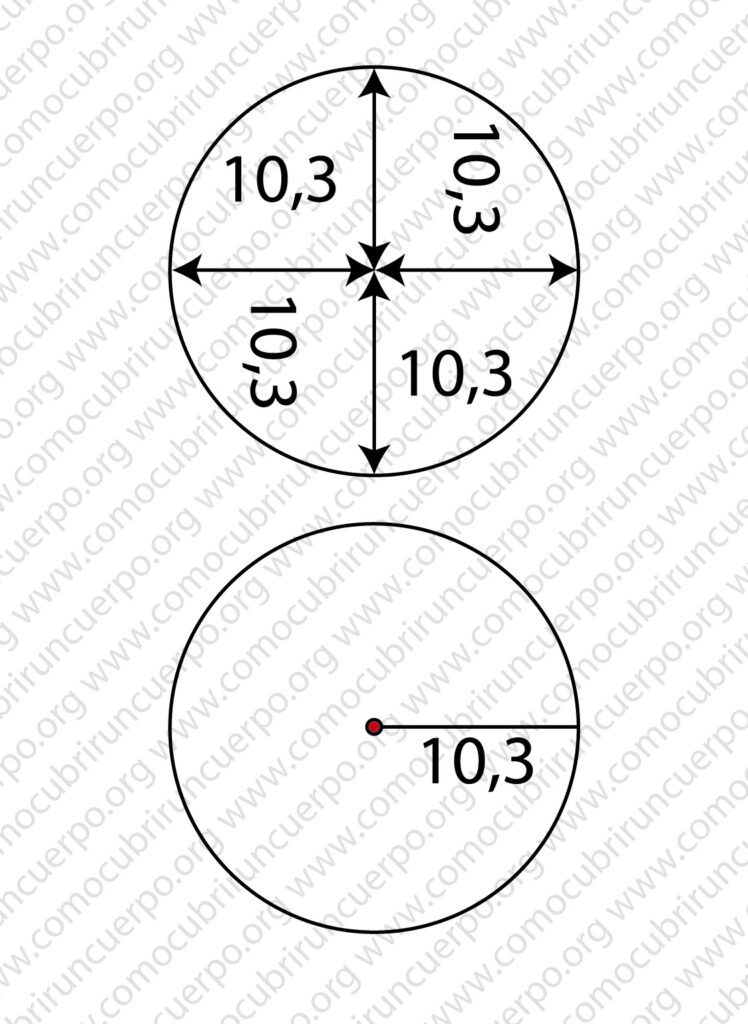 Dibujo técnico de volantes circulares cortados en circunferencias de radio 10,3 cm, abiertos hasta el centro para su costura