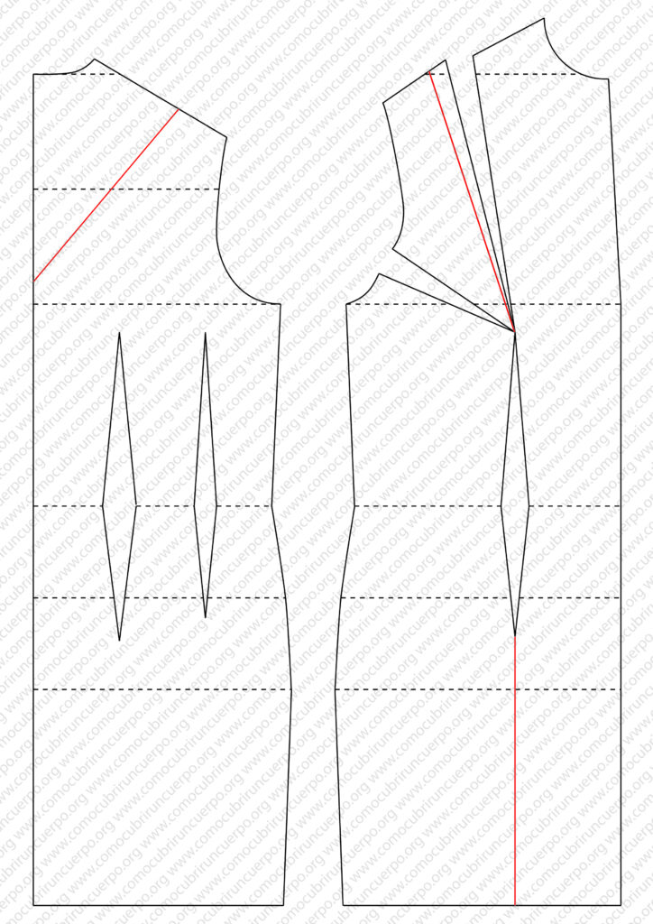 Dibujo técnico del patrón superior de la bata de cola flamenca con líneas rojas que indican el nuevo escote de la espalda y la corrección de la pinza delantera