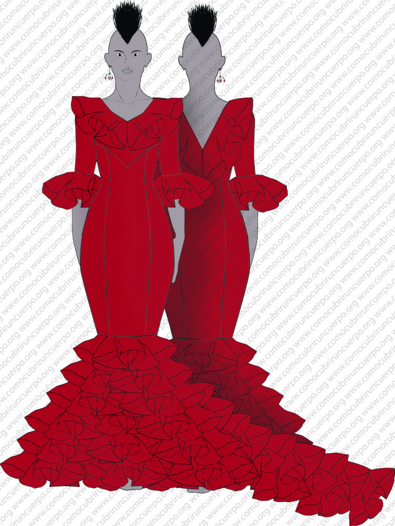 Ilustración de un vestido flamenco rojo con bata de cola y volantes, vista frontal y trasera
