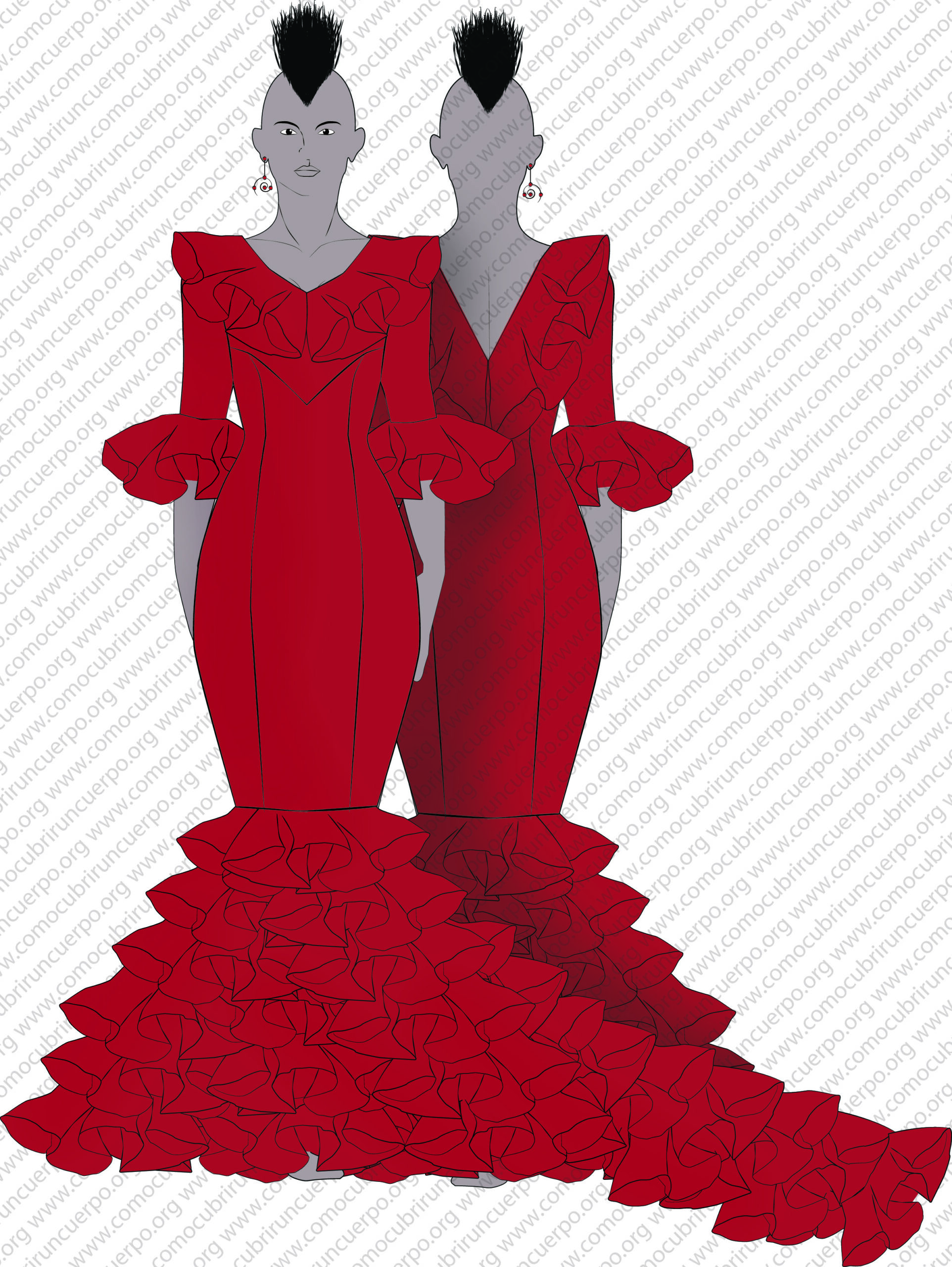 Ilustración de un vestido flamenco rojo con bata de cola y volantes, vista frontal y trasera