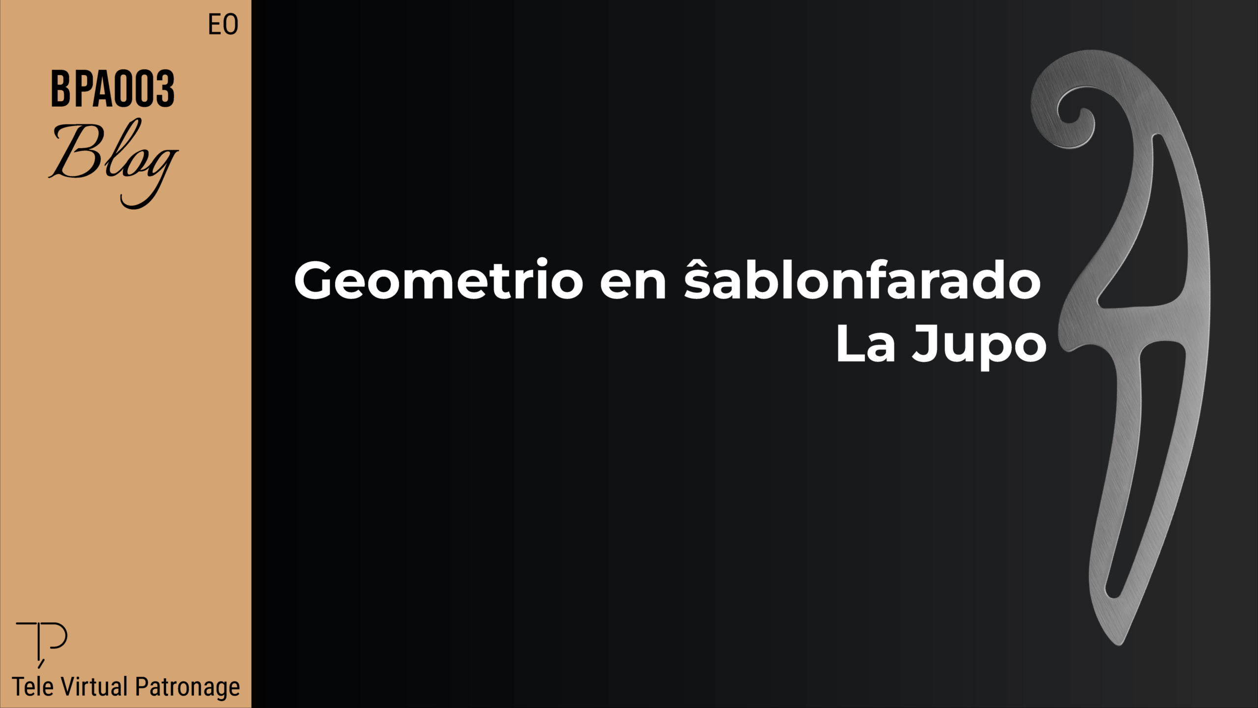 Kovrila bildo de la artikolo “Geometrio en ŝablonfarado: La jupo” kun metala tajlor-regulo sur nigra fono