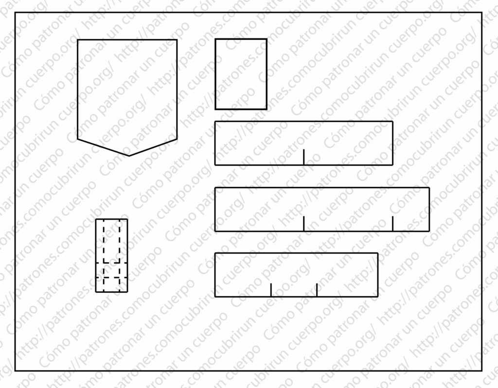 Piezas del patrón que muestran la cinturilla de la falda tejana con costuras laterales, centro trasero y ubicación de las trabillas para el cinturón