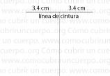 Esquema técnico con la línea de cintura y la línea vertical del patrón base de la crinolina, con medidas de 3,4 cm a cada lado