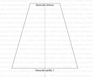 Dibujo técnico que muestra la pieza del patrón de crinolina uniendo los extremos de la línea de cintura y la primera varilla