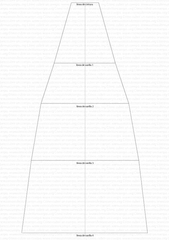Dibujo técnico del patrón de crinolina con las líneas de cintura y de las cuatro varillas trazadas a diferentes alturas