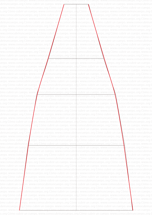 Dibujo técnico del patrón de crinolina con los bordes laterales redondeados en color rojo para definir la forma definitiva de la pieza