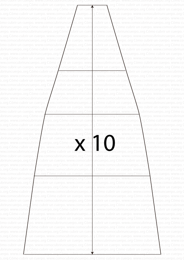 Dibujo técnico del patrón completo de crinolina compuesto por diez piezas idénticas unidas para formar la estructura total del miriñaque