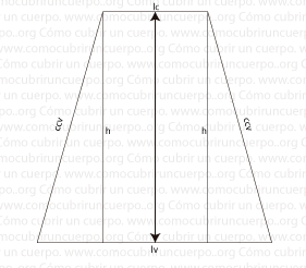 Esquema técnico del trapecio de una crinolina con líneas perpendiculares h trazadas desde la cintura hasta la varilla