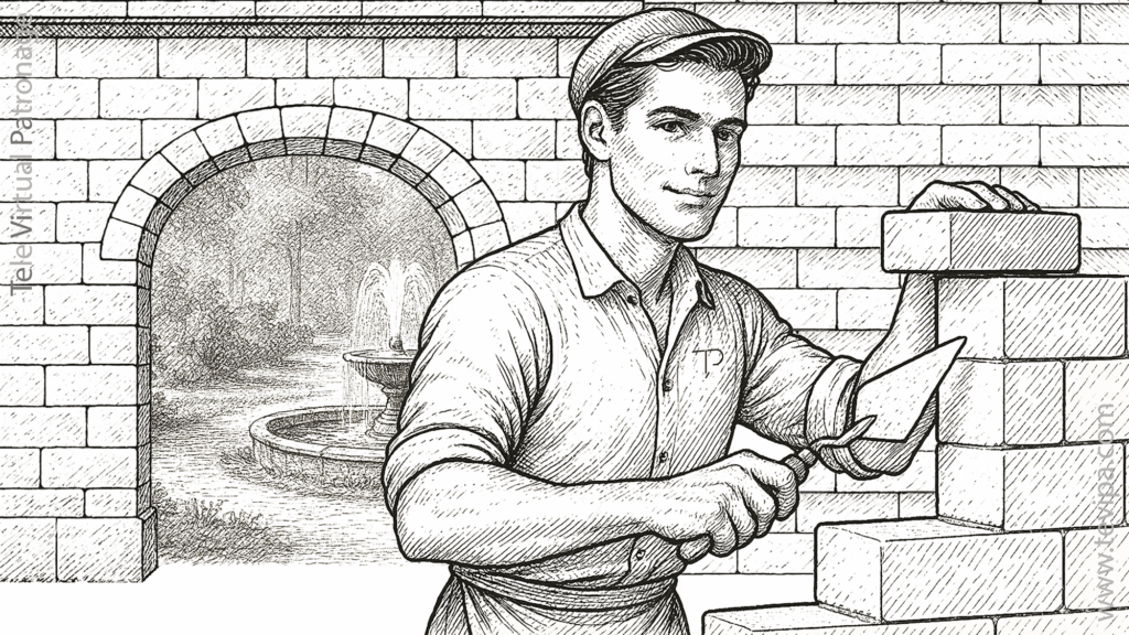 Dibujo de un albañil colocando ladrillos frente a un jardín con una fuente, símbolo de trabajo en progreso