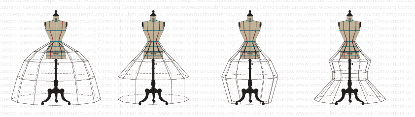 Serie de maniquíes con miriñaques que muestran estructuras regulares e irregulares para modificar la forma de la falda