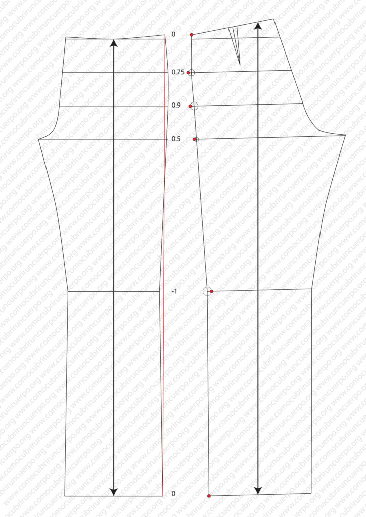 Trazado del pantalón con línea lateral recta y puntos de corrección