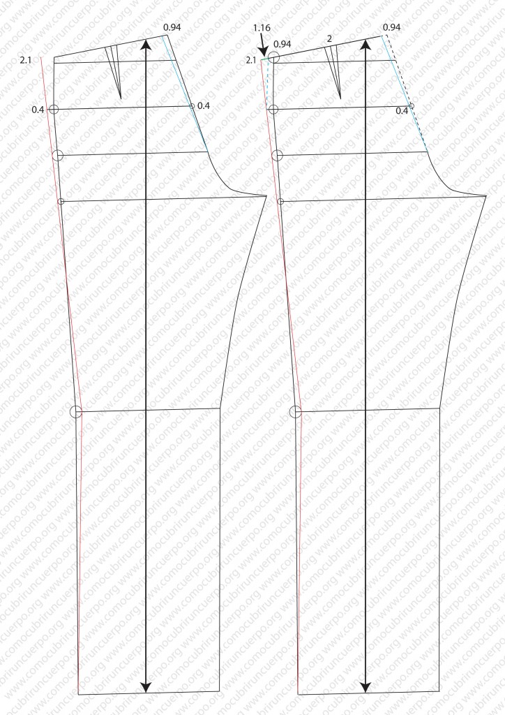 Patrón de espalda con línea azul y medidas de corrección