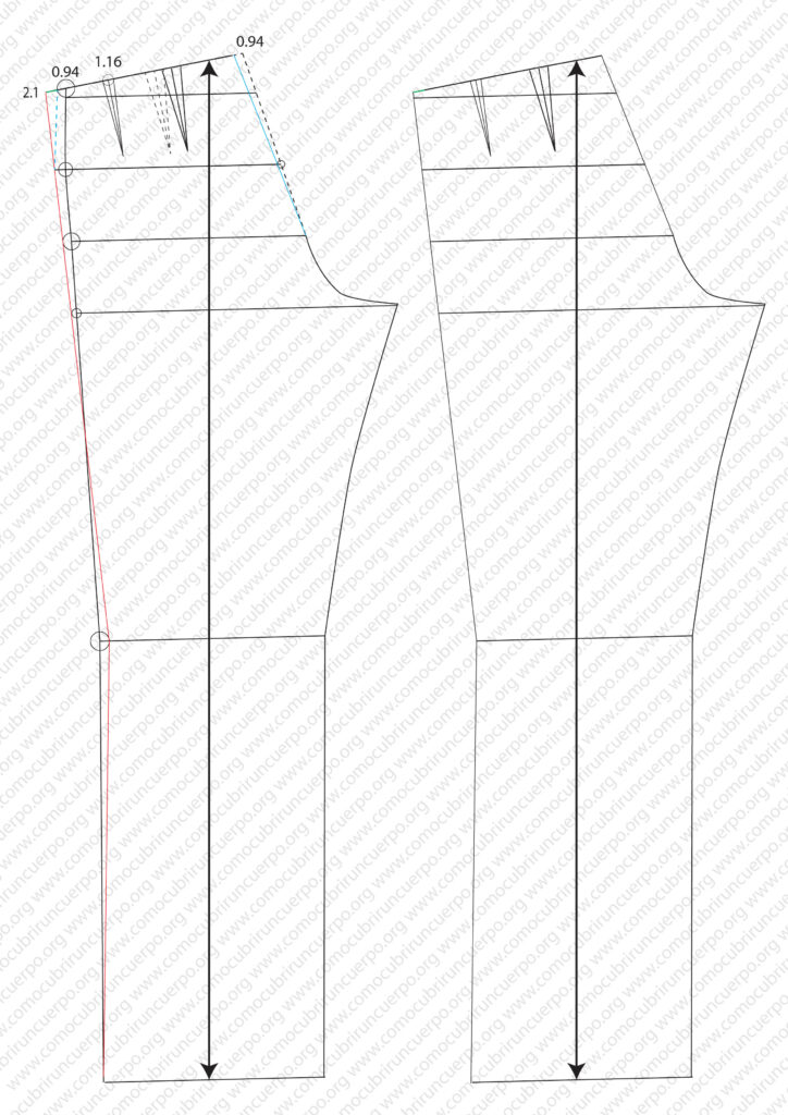 Patrón de espalda con dos pinzas ajustadas y medidas indicadas