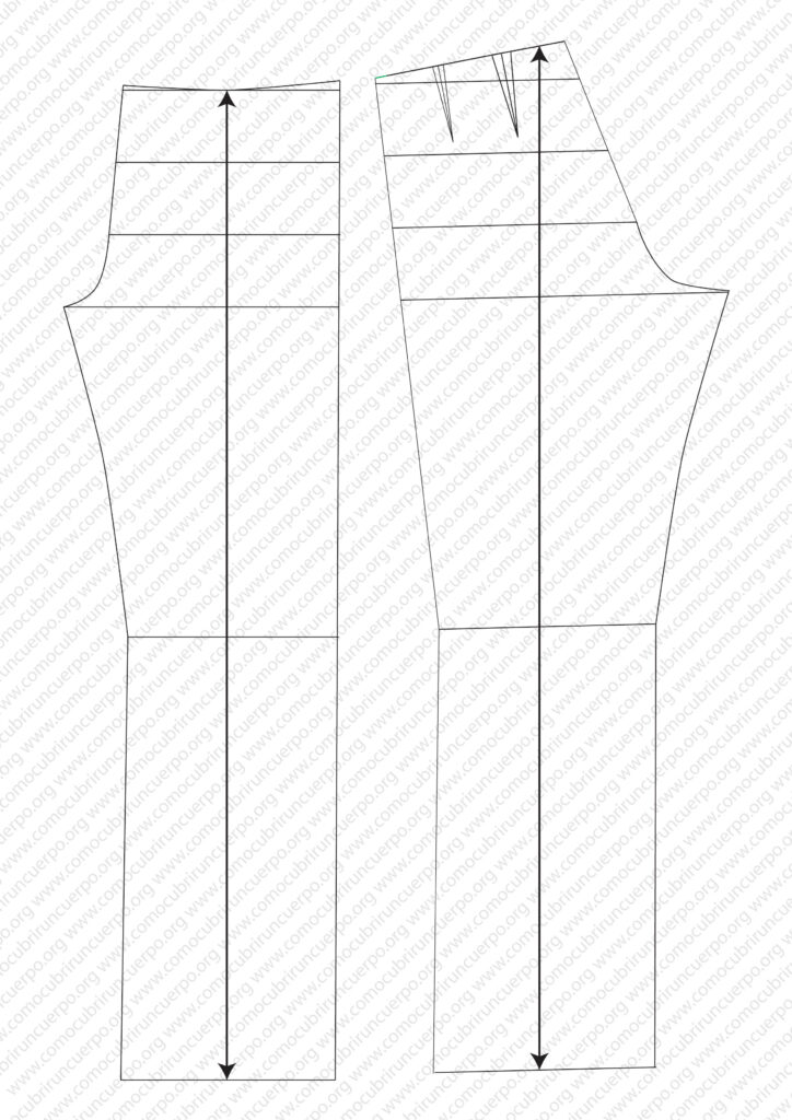 Patrón completo delantero y posterior del pantalón con banda terminado