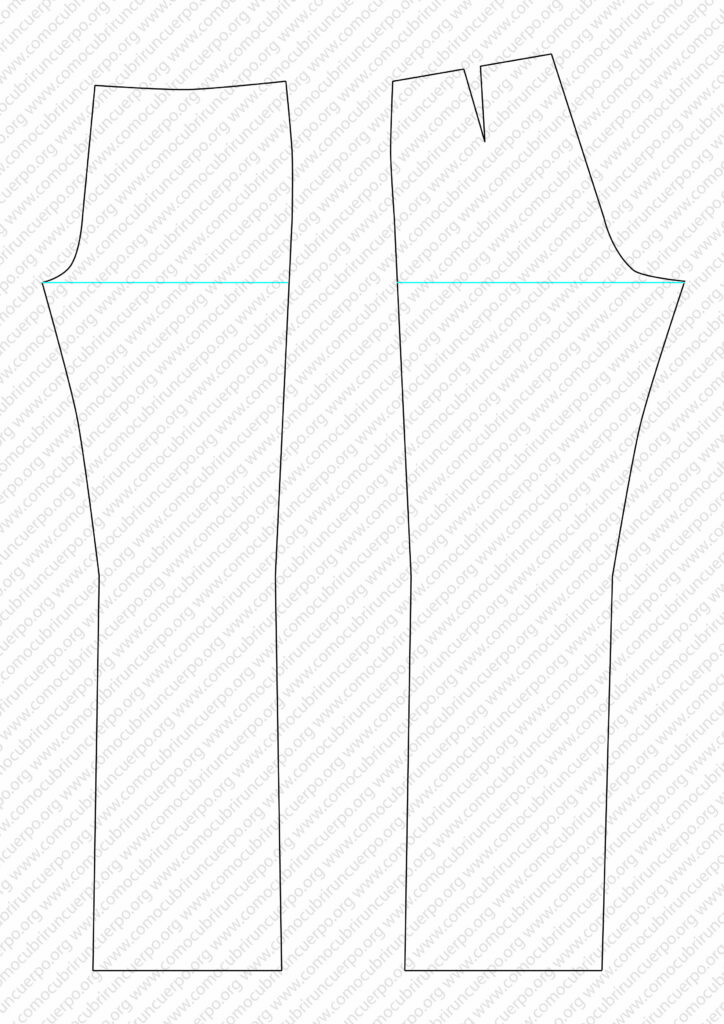 Patrón base del pantalón con línea de cadera marcada en azul