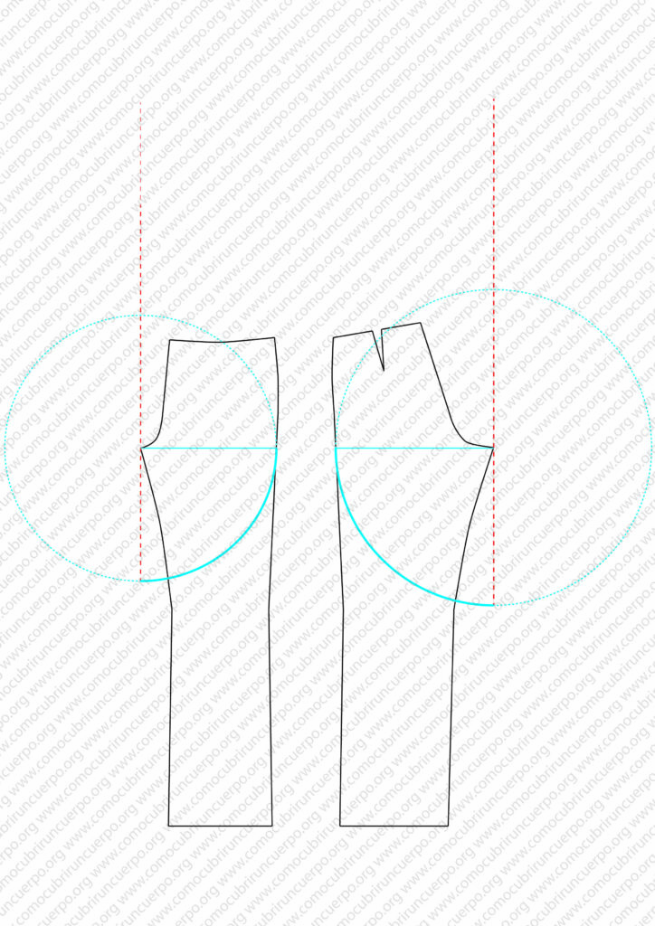 Circunferencias trazadas desde las horquillas del delantero y la espalda del pantalón base