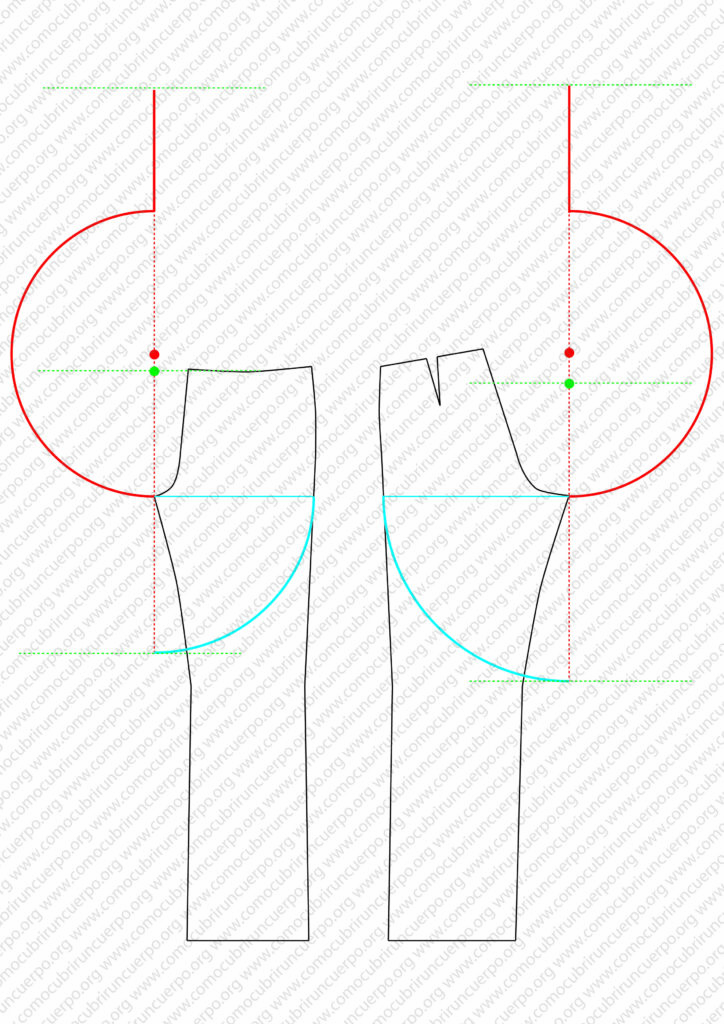 Patrón con líneas rojas y verdes que indican el punto medio del diámetro del nuevo arco lateral