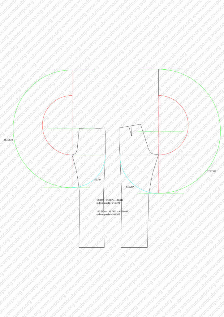 Patrón del pantalón circular con sectores y radios para determinar las pinzas de corrección