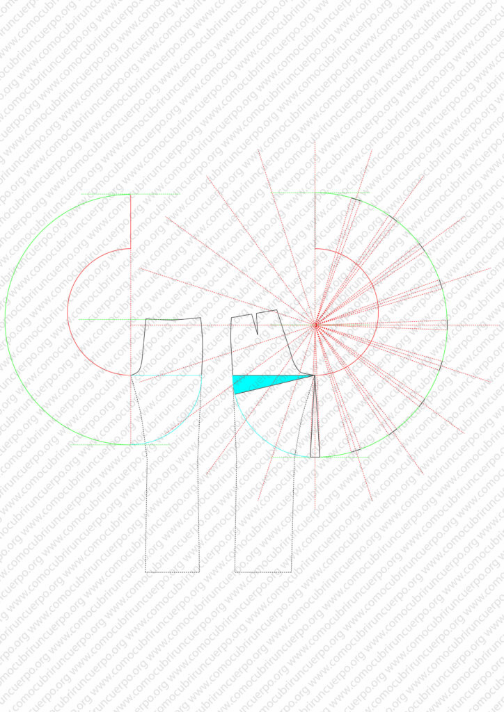 Patrón del pantalón circular con radios y sectores que representan las pinzas de ajuste