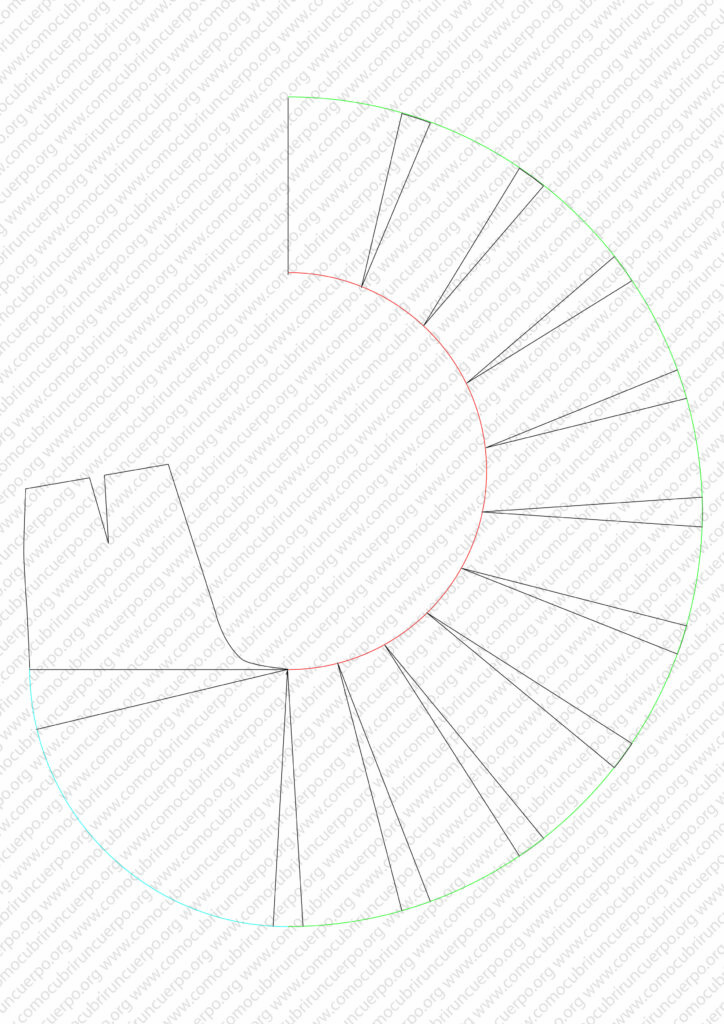 Patrón del pantalón circular con pinzas cerradas y costuras de entrepierna y lateral definidas