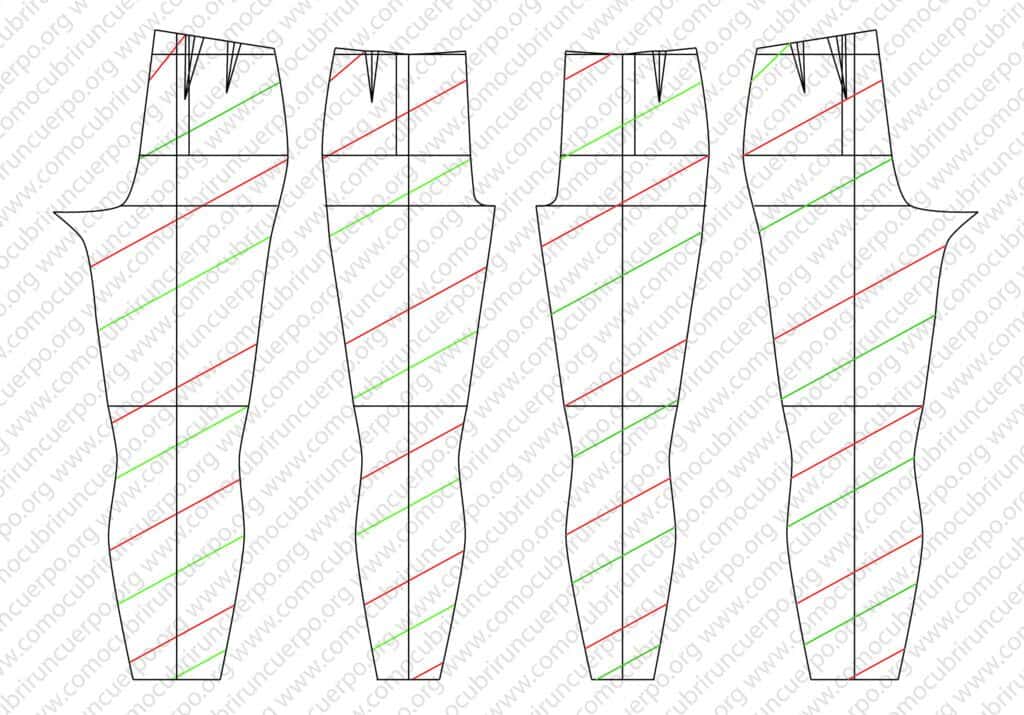 Patrón de pantalón con dos cortes espirales paralelos, uno en rojo y otro en verde