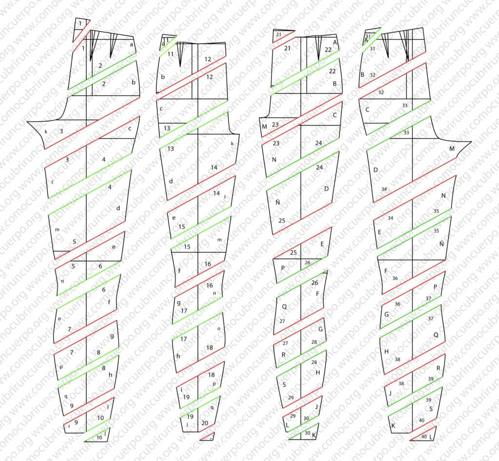 Patrón del pantalón doble corte espiral separado y numerado por piezas