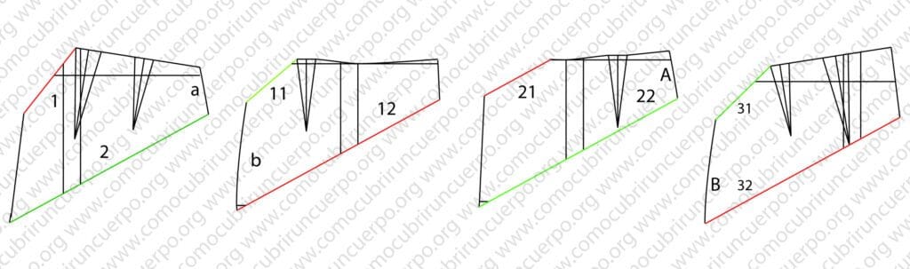 Piezas del canesú delantero y trasero del pantalón doble corte espiral numeradas