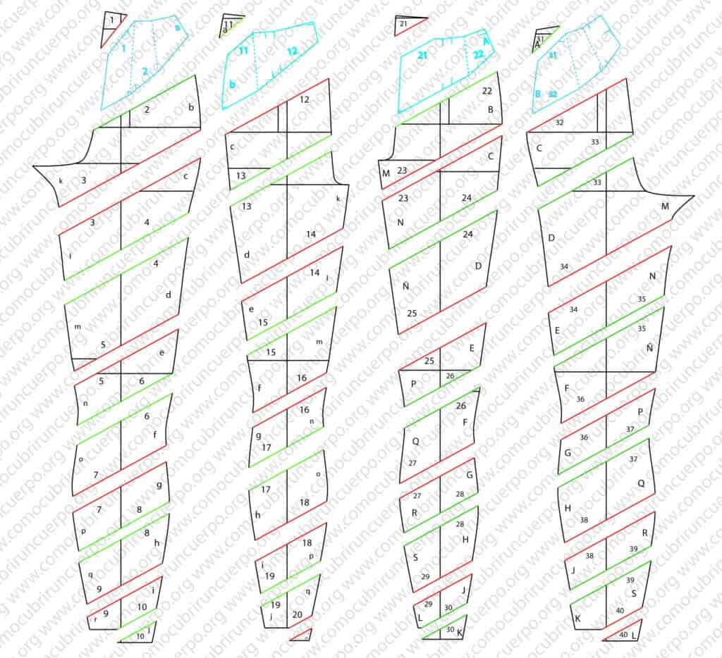 Piezas del patrón del pantalón doble corte espiral con los canesúes cerrados e insertados en azul